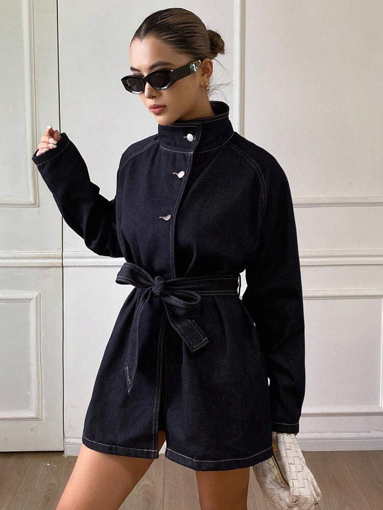 Women's Stand Collar Belted Loose Urban Casual Denim Jacket And Coat Fall/Winter