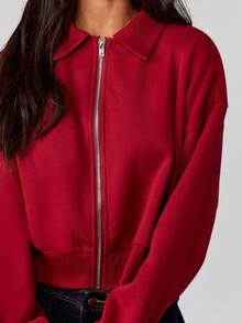MISSGUIDED Áo nỉ cổ bẻ tay dài có khóa kéo cho nữ, áo len cardigan dáng ngắn, mặc mùa thu đông, mặc Giáng sinh - Màu Đỏ Sâu - Xem 5