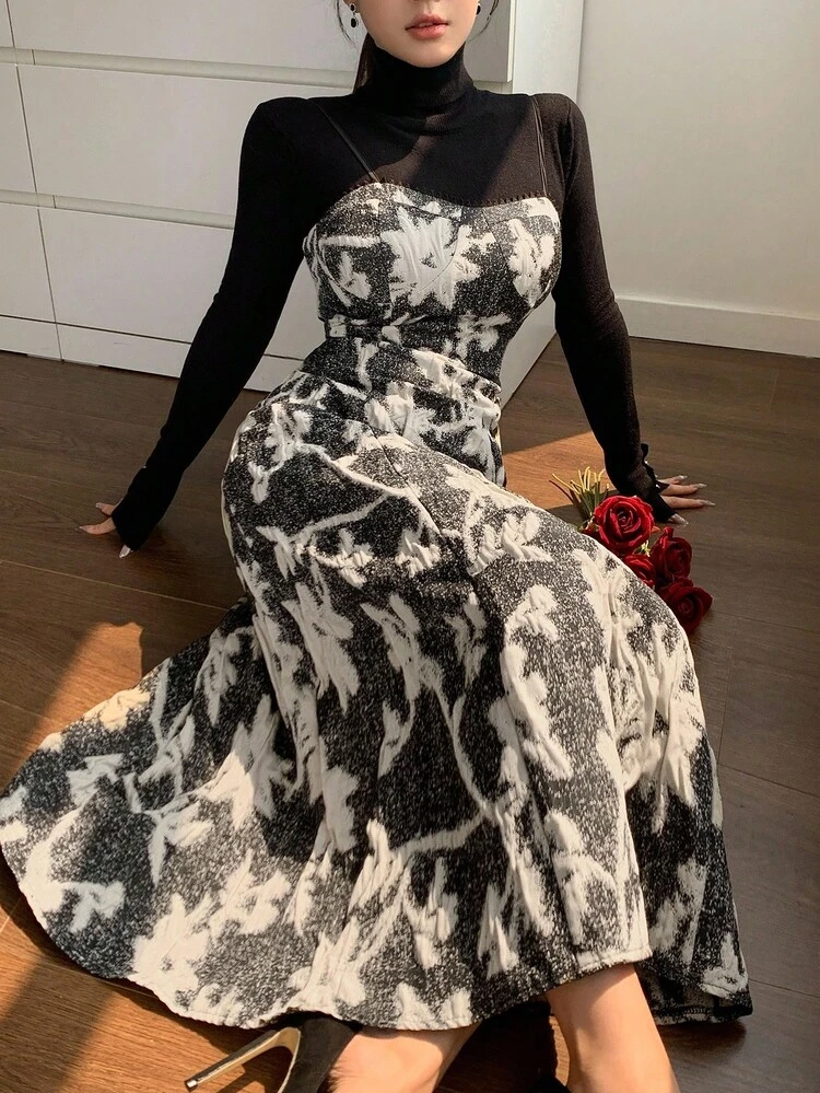 Women's Textured Floral Print Spaghetti Strap Dress, Waist Cinched, Elegant Vacation Style Maxi Dress