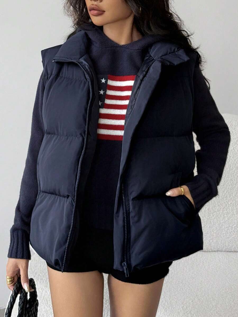 SHEIN 青少年女孩宽松休闲翻领无袖加厚保暖短款外套，秋冬 - 藍色 - 查看 1