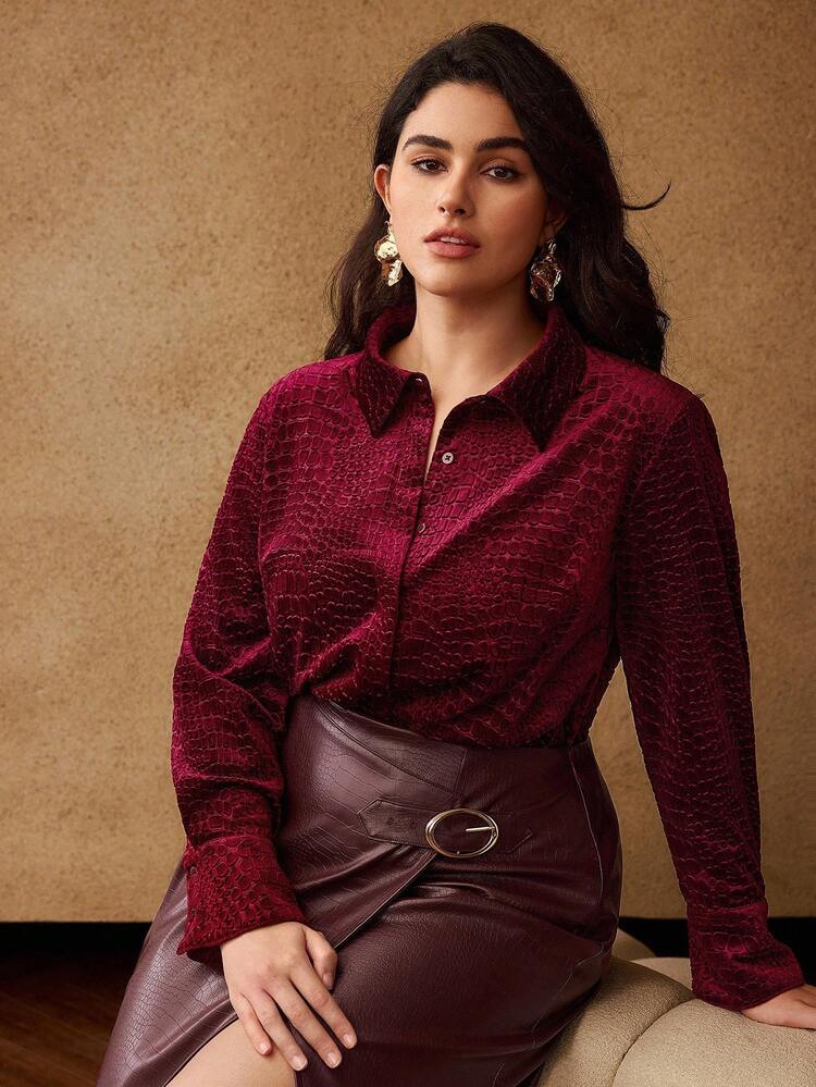 CHRISTMAS PLUS SIZE AUTUMN/WINTER CHIC FAUX CROCODILE VELVET LONG SLEEVE SHIRT