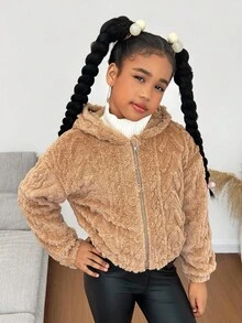 SHEIN Giacca con cappuccio reversibile in colore unito, foderata termicamente, per ragazze pre-adolescenti, adatta per l'autunno/inverno - Cammello - Visualizzare 3