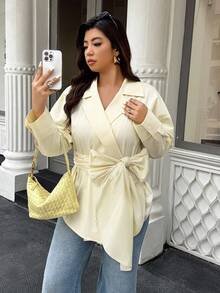 Easura Chemise grande taille pour femmes, couleur unie, ourlet asymétrique, épaules tombantes - Jaune clair - Voir 7
