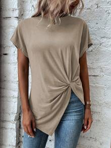 EMERY ROSE Damen Lässig Einfarbiges Twist Saum Kurzarm T-Shirt