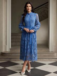 ZEYLAH Women's Elegant Solid Color Lace Midi Dress - Blue - View 4