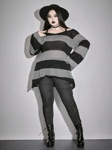 ROMWE Goth 大码垃圾朋克街头时尚复古破洞侧系带牛仔裤，秋冬女式下装大码牛仔裤 - 黑色 - 查看 2