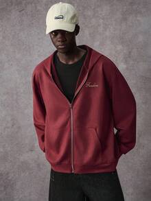 STYNVO Men's Autumn Letter Embroidery Drop Shoulder Long Sleeve Casual Zip-Up Hoodie Fleece - Burgundy - View 4