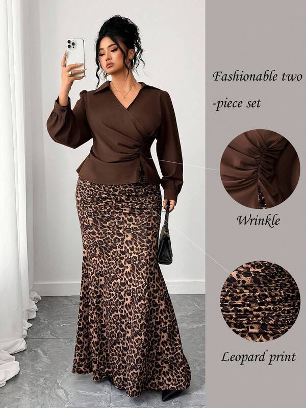 Elenzga Plus Size Women's Fashion Casual French Retro Elegant Ruched Blouse And Leopard Print Fishtail Skirt 2 Pieces Set