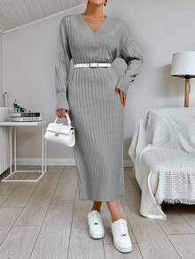EURMUSE Váy len dài tay cổ chữ V màu trơn thường ngày cho nữ, mùa thu/đông - Xám - Xem 3