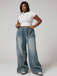 MUSERA Quần jeans ống rộng, cạp chun, cỡ lớn, chất liệu denim mài, thích hợp mặc hàng ngày. - Màu xanh lam - Xem 1