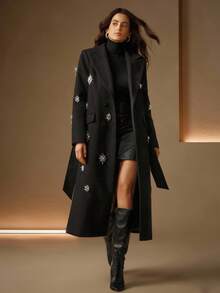 Anewsta Elegant Handcrafted Rhinestone Embellished Classic Double-Breasted Design With Delicate Belt Mid-Length Overcoat, Autumn/Winter - Black - View 1