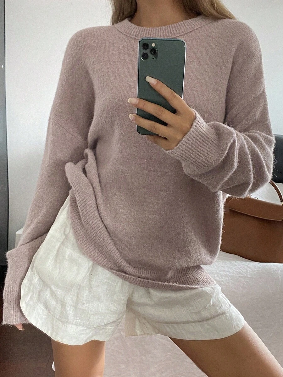 DAZY Áo len cổ tròn đơn giản, thanh lịch, rộng rãi dành cho nữ, Thu/Đông - Màu tím - Xem 1