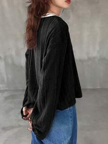 FRIFUL Pull ample en tricot pour femmes, couleur unie, à manches longues et à lacets. Pull fin en tricot, Top en tricot avec nœud. - Noir - Voir 4