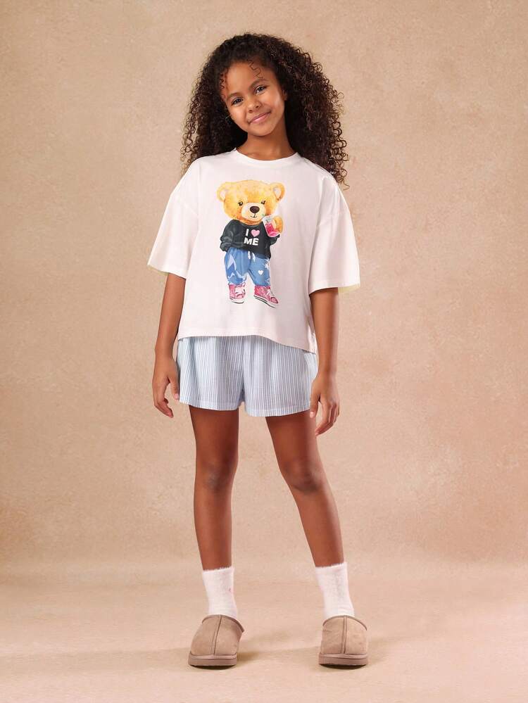 Teddy Bear Graphic Tee With Striped Shorts Pajama Set