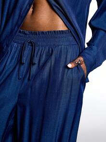 LYSMO Conjunto Casual de 2 Peças com Camisa de Manga Longa com Ombros Caídos e Calça Perna Larga Solta em Cor Sólida, Outono - Azul - Visão 10