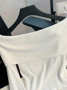 Franclia 女士简约时尚白色露肩大蝴蝶结翻领针织设计不对称下摆别致外穿T恤，适合秋冬季节、新年、感恩节、派对、婚礼等场合，优雅百搭。 - 白色 - 查看 4