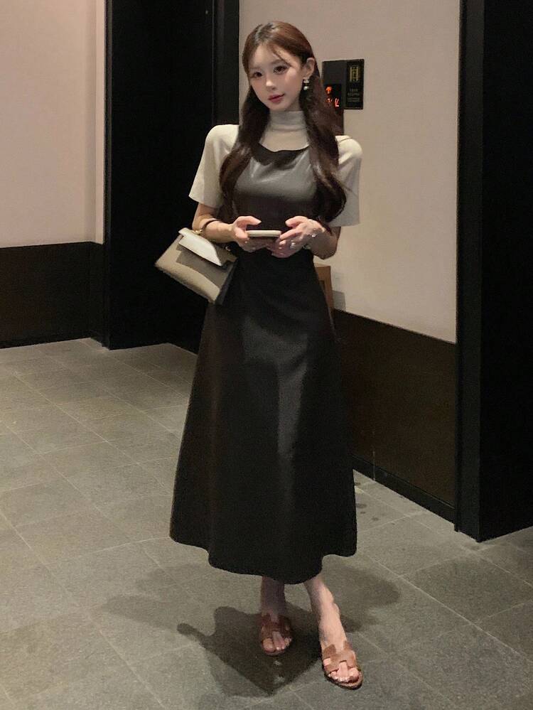 Women's PU Casual Korean Style Solid Color Mid-Length Dress Summer Women Dresses Maxi Dress