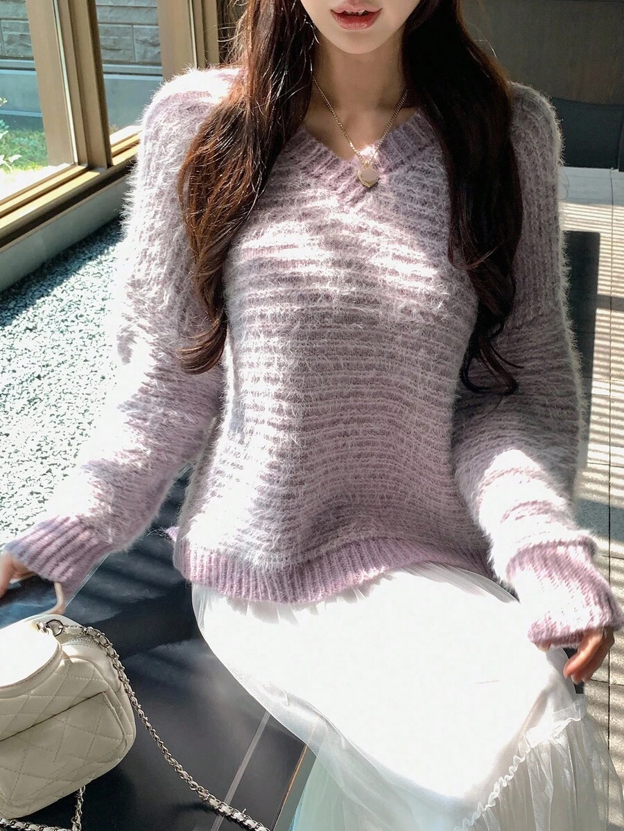 DAZY Women's V-Neck Korean Style Long Sleeve Fuzzy Knit Sweater, Autumn/Winter - Grey - View 1