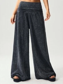 Bohemela Quần ống rộng dệt kim màu trơn đơn giản xẻ gấu dành cho nữ - màu đen - Xem 2