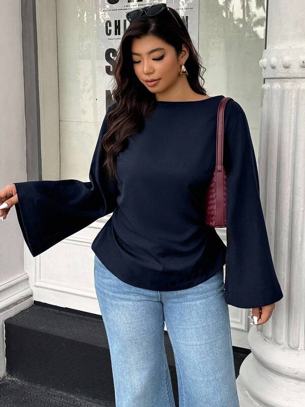 Easura Plus Size Elegant Solid Color Flare Sleeve Tie Waist Blouse