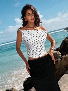Opulessa Women's Knit Polka Dot Pattern Asymmetrical Shoulder Top, Off Shoulder Polka Dot Top, New Year Look, Elegant Party, Graduation, Prom, Luxury Evening For Women, Chic Autumn - White - View 5