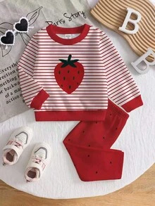 SHEIN Playful Pals 2 件套女婴休闲可爱草莓条纹印花柔软针织圆领长袖运动衫上衣和草莓籽图案红色裤子套装，儿童服装，女童服装，婴幼儿服装，婴幼儿套装，日常休闲，女婴可爱水果草莓套装，适合春秋冬，6 个月至 3 岁