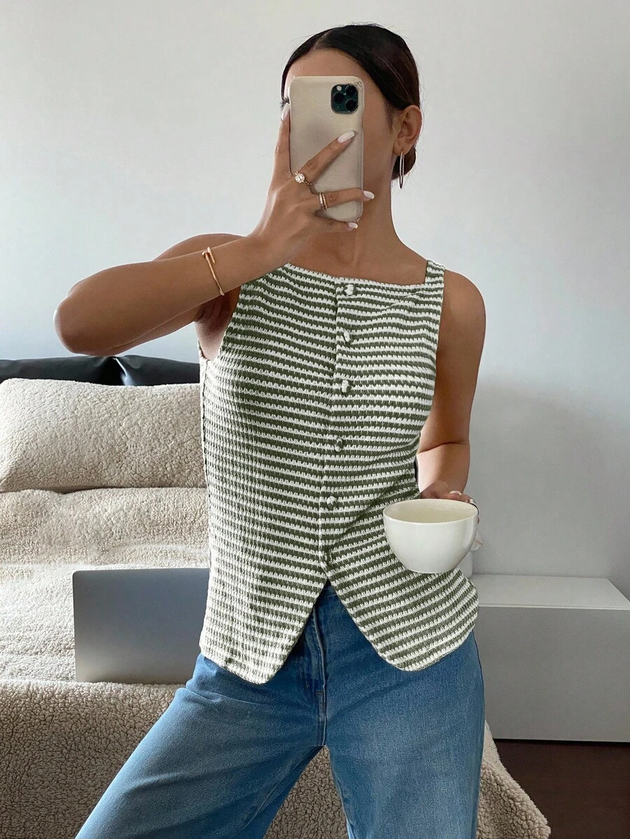 Siren Gaze 女士无袖休闲衬衫，简约时尚，适合日常穿着 - 綠色 - 查看 1