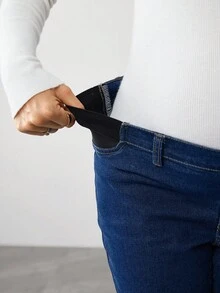 SHEIN 孕妇休闲水洗高腰修身牛仔裤 - 深色水洗藍 - 查看 4