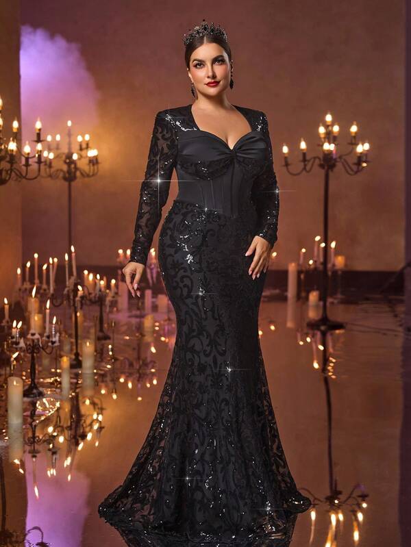 Glamrae Große Größen elegantes luxuriöses schwarzes Pailletten besticktes Satin Mandarin Kragen plissierter Oberkörper transparente Langarm figurbetonte Meerjungfrau Saum Kleid, geeignet für Abendparty, Date, Urlaub, Abschlussball, Hochzeit, Abschlussfeier (schwere Verzierung)