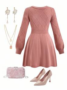 Ellevyn Váy len chữ A thắt eo đính hạt thanh lịch và đẹp mắt cho mùa thu/đông - Bụi hồng - Xem 2