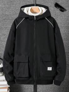 Casual Fashion White Striped Cargo Pocket Graphic Jacket For Teen Boys, Loose Fit, Comfortable, Versatile, Suitable For Autumn, Spring, Winter, Daily Wear, Commuting, Outdoor, Sports, School, Streetwear, Party, Photography Fall