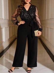 Ellevyn 加大码金箔网眼 V 领长灯笼袖系腰黑色连体裤，适合宴会、节日、晚会、婚礼 - 黑色 - 查看 9
