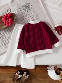SHEIN 2pcs Baby Girl Christmas Outfit,Red Knitted Long Sleeve Top + Flared Pants Set,Cute White Autumn Casual Family Matching Knitted Fashionable Clothes - Red - View 2