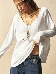 Bohemela 女士休闲纯色V领长袖宽松T恤 - 白色 - 查看 2