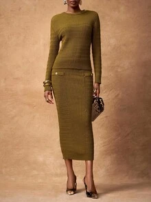 Zivah Autumn Women Sweater 2-Piece Set,Olive Green Elegant Work Crew Neck Long Sleeve Loose Knit Top&Straight Pencil Skirt With Metal Button Decor,Cozy - Mustard Yellow - View 7