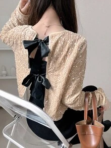 FRIFUL Women's Apricot Sequin Textured Fabric Round Neck Long Sleeve Bowknot Back Loose Casual Versatile T-Shirt, Autumn/Fall Glitter Top School - Apricot - View 1