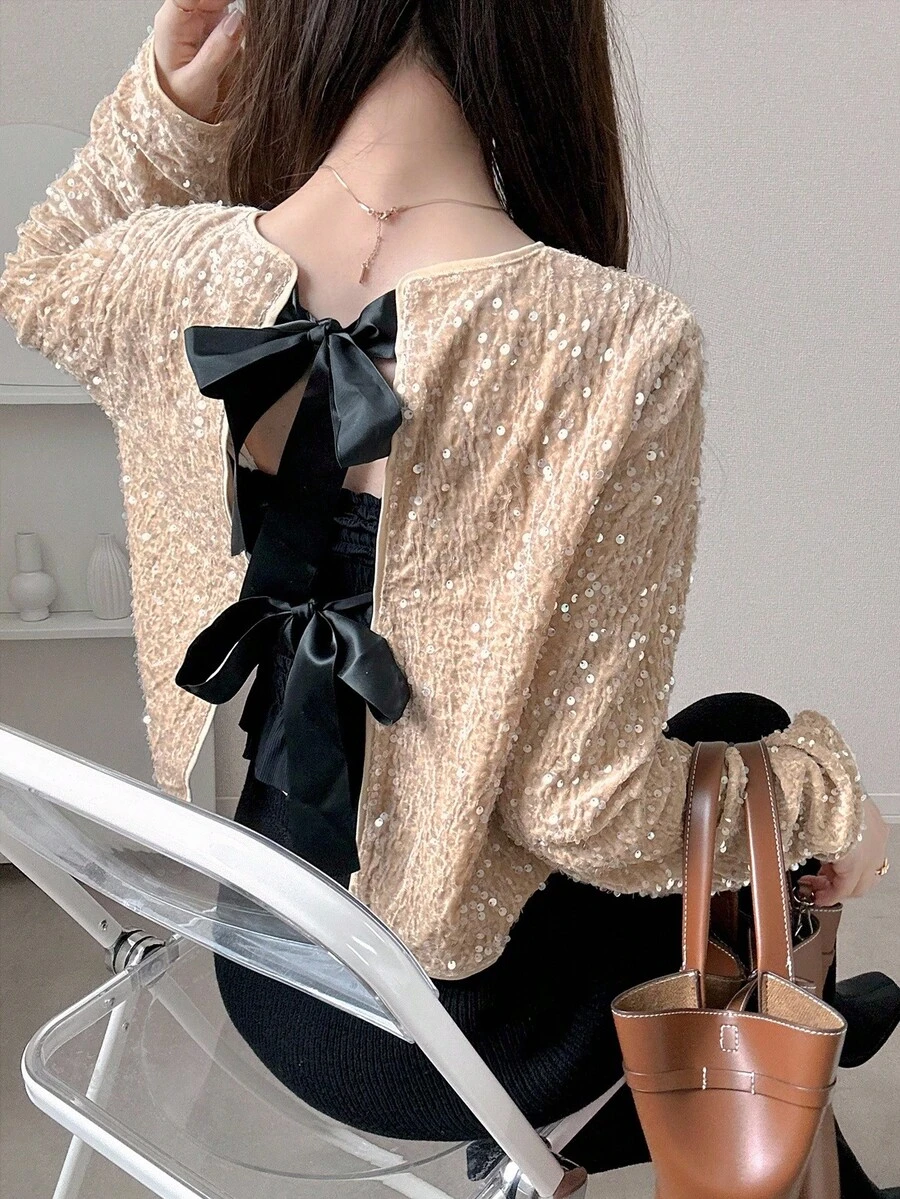 FRIFUL Women's Apricot Sequin Textured Fabric Round Neck Long Sleeve Bowknot Back Loose Casual Versatile T-Shirt, Autumn/Fall Glitter Top School - Apricot - View 1
