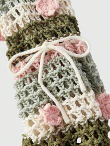 ROMWE Fairycore Fariycore 秋冬森系森系网眼针织拼布条纹碎花长袖绿色大码毛衣，亚文化仙女风大码秋冬长袖女针织衫 - 彩色 - 查看 3