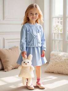 Souflis Souflis 2pcs Girls Sweater Set, Bow Decor Textured Knit Pullover And A-Line Skirt Fall Winter - Baby Blue - View 2