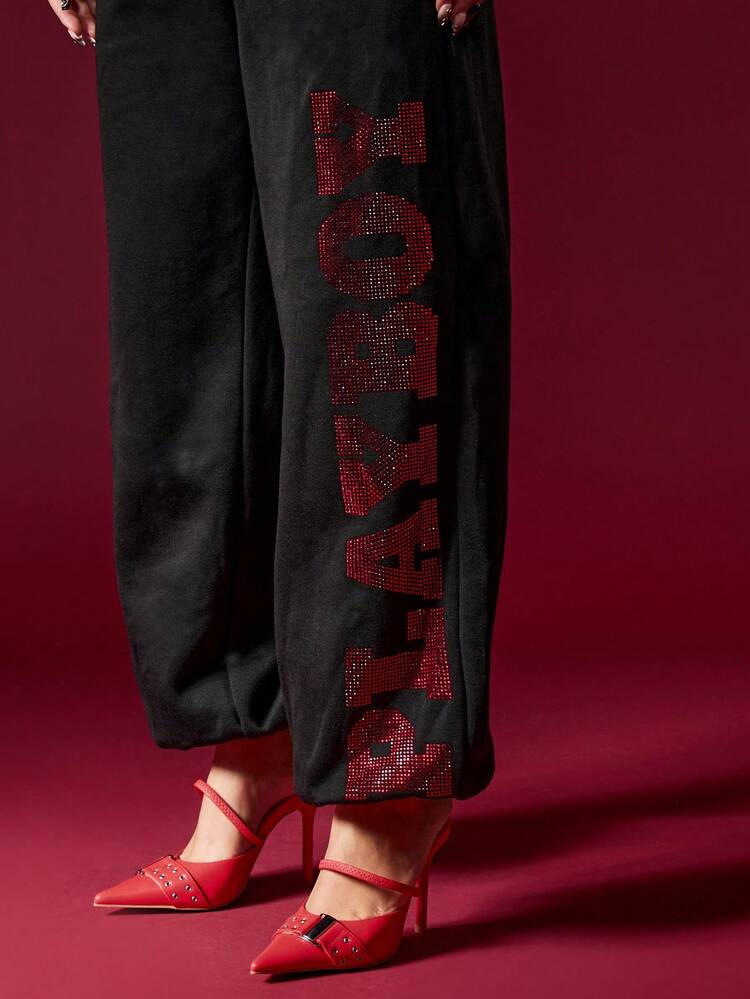 Missguided x Playboy Diamante Cuffed Joggers For Women Sparkly Rhinestone Sweatpants With Elastic Waist And Side Pockets