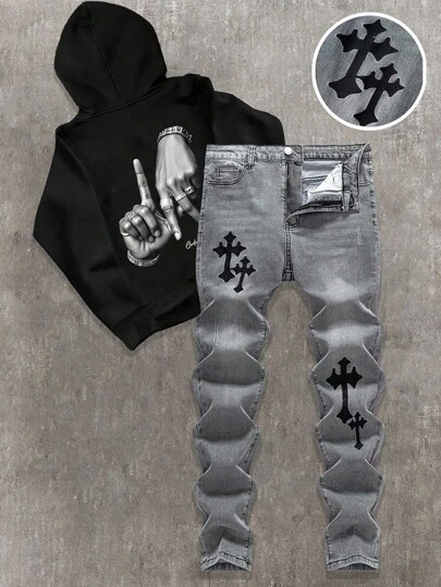 Jeans de mezclilla gris con estiramiento, con patrón bordado de cruz negro, para ropa casual de moda de adolescente, regreso a la escuela, universidad, ropa de diario suave y ropa de rave de invierno y otoño para niños, ropa de festival y ropa de calle para la escuela