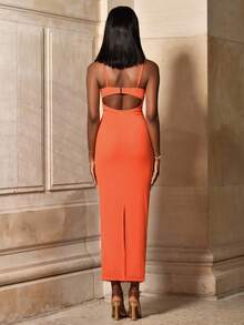 Mima John Vestido feminino cor sólida longo peito copo contraste malha justa formatura laranja