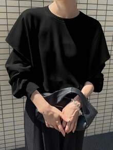 FRIFUL 女式纯色圆领长袖荷叶边下摆休闲宽松T恤，秋季 - 黑色 - 查看 2