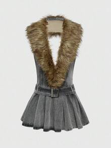 ROMWE EDITION 女式拼接毛茸茸深V领褶边性感露背牛仔连衣裙 - 灰色 - 查看 1