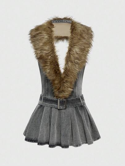 EDITION Women's Patchwork Furry Deep V-Neck Pleated Hem Sexy Halter Denim Dress