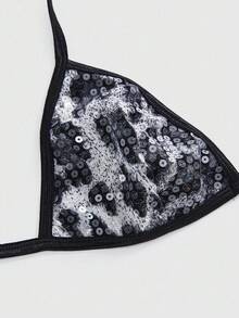 ROMWE Grunge Punk Áo ngực nữ phong cách Punk Rock Rave Beach Party Festival Street Style cổ yếm gợi cảm họa tiết da báo đính sequin - Màu xám đen - Xem 4