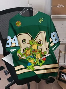 TEENAGE MUTANT NINJA TURTLES | SHEIN 男士休闲宽松卡通乌龟和数字印花超大T恤，时尚街头风格，夏季 - 白色 - 查看 1