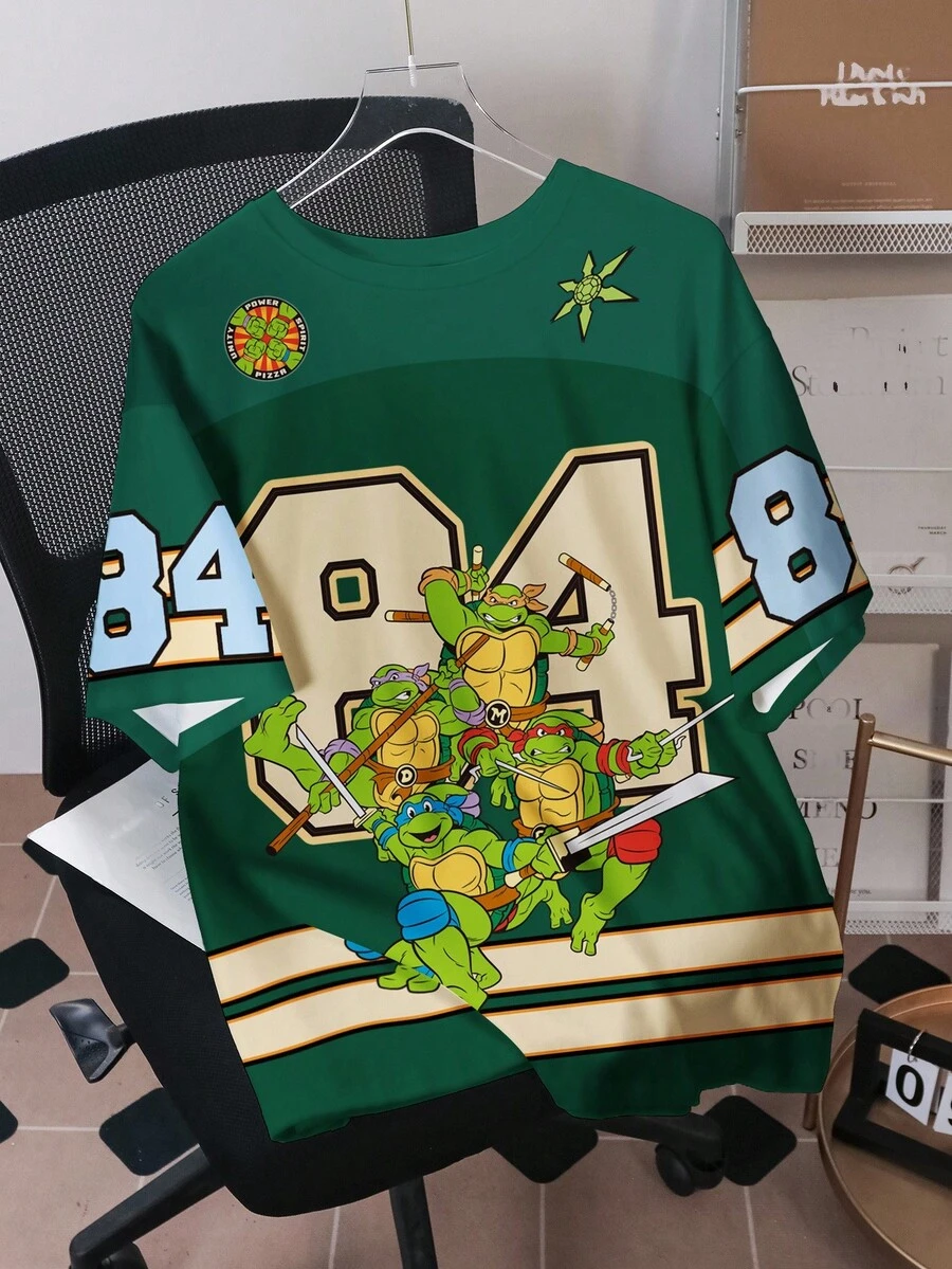 TEENAGE MUTANT NINJA TURTLES | SHEIN 男士休闲宽松卡通乌龟和数字印花超大T恤，时尚街头风格，夏季 - 白色 - 查看 1