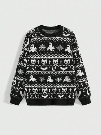 Gothic Halloween Geist, Fledermaus, Spinnennetz, Schädel Fairisle Muster Damen Pullover