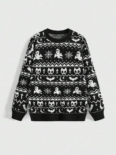 Goth Suéter de mujer con estampado de fantasma, murciélago, telaraña y calavera de estilo Fairisle gótico de Halloween